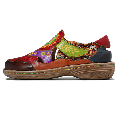 Leather Handmade Flower Retro Flat-soled Casual Sandals