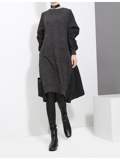 Stitched Pleated Round Neck Kniting Dress