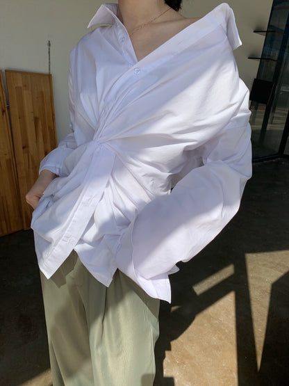 White Loose Cross-Over Cropped V-Neck Shirt