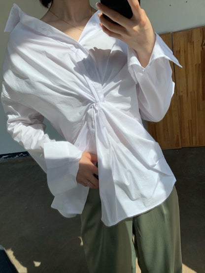 White Loose Cross-Over Cropped V-Neck Shirt