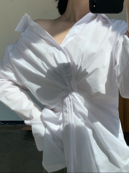 White Loose Cross-Over Cropped V-Neck Shirt