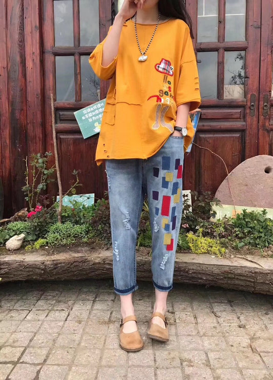 Vintage Embroidery Drawstring Jean Pants