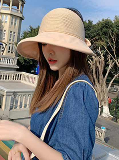 Stylish Solid Color Split-Joint Bow-Embellished Sun-Protection Large Wide Brim Knitted Hat