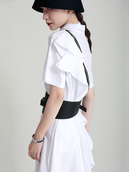 Stylish Irregular Split-Joint Falbala Buttoned Lapel Collar Short Sleeves Midi Dress