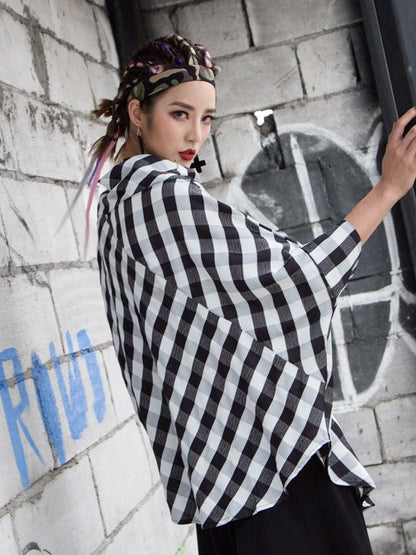 PLAID PUFF SLEEVES V-NECK SHIRT