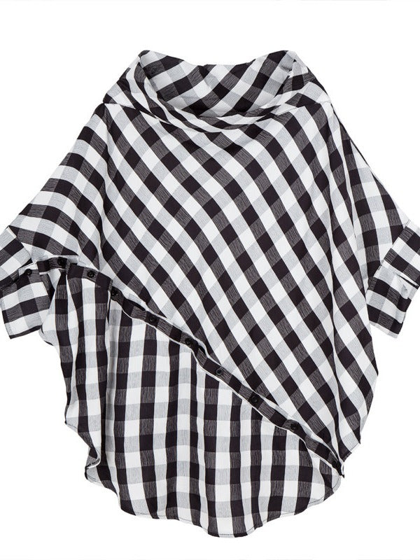 PLAID PUFF SLEEVES V-NECK SHIRT