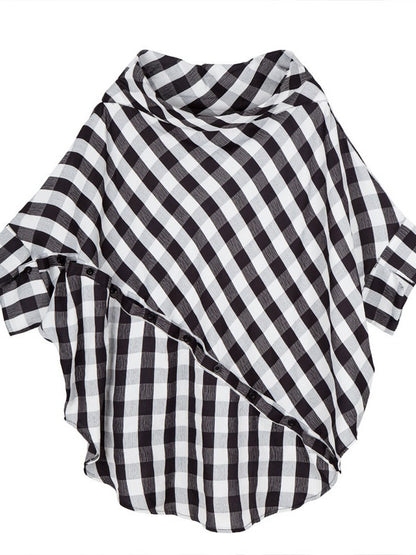 PLAID PUFF SLEEVES V-NECK SHIRT