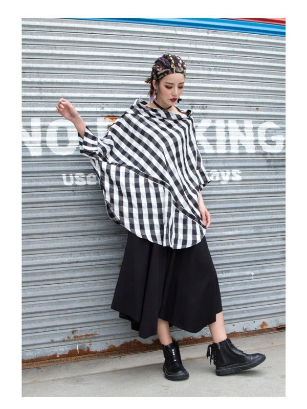 PLAID PUFF SLEEVES V-NECK SHIRT