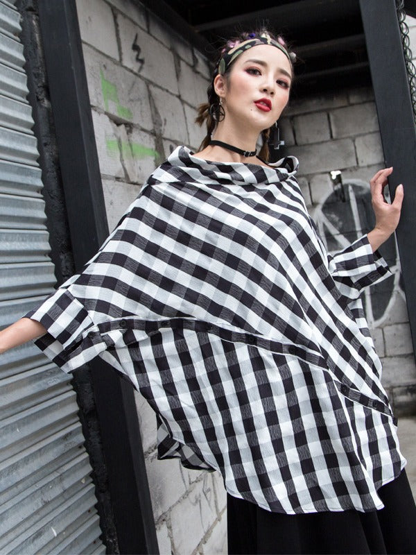 PLAID PUFF SLEEVES V-NECK SHIRT