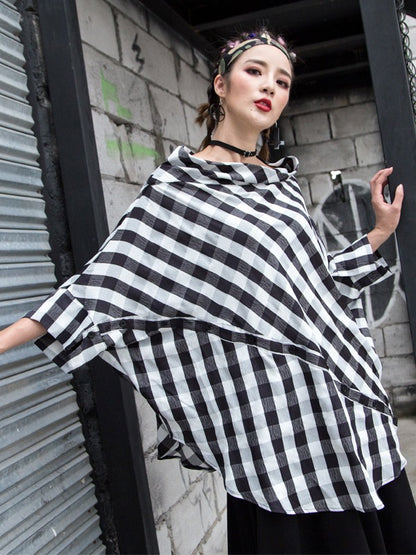 PLAID PUFF SLEEVES V-NECK SHIRT