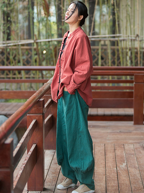 Original Artistic Retro Loose Solid Color Ramie Cotton Blouse Outwear