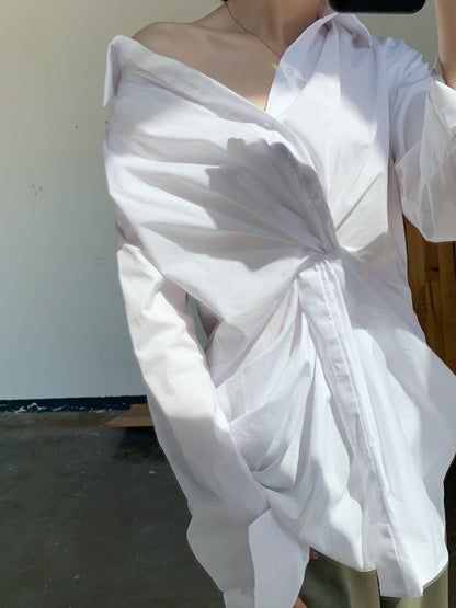 White Loose Cross-Over Cropped V-Neck Shirt