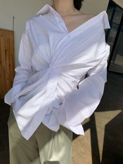White Loose Cross-Over Cropped V-Neck Shirt