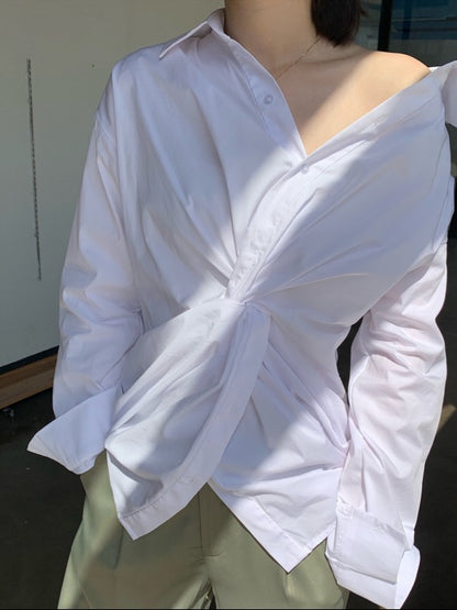 White Loose Cross-Over Cropped V-Neck Shirt