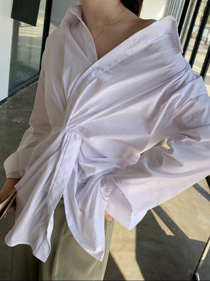 White Loose Cross-Over Cropped V-Neck Shirt