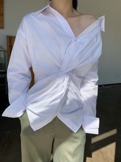 White Loose Cross-Over Cropped V-Neck Shirt