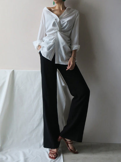White Loose Cross-Over Cropped V-Neck Shirt