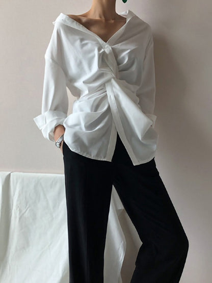 White Loose Cross-Over Cropped V-Neck Shirt