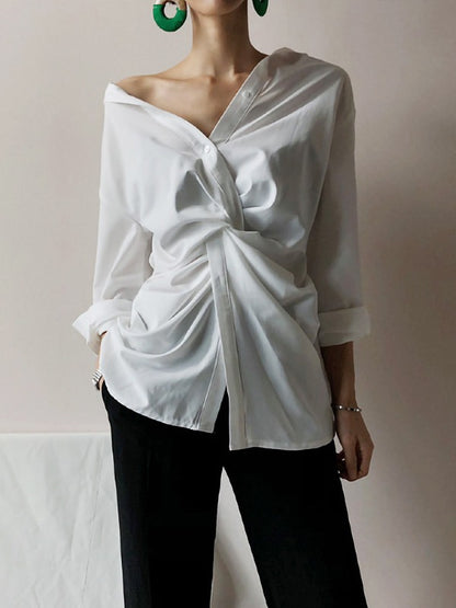 White Loose Cross-Over Cropped V-Neck Shirt