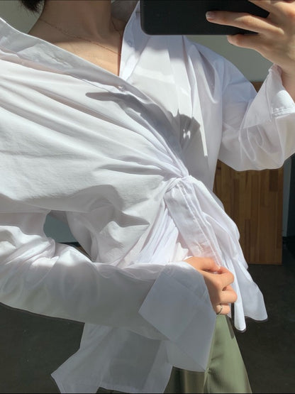 White Loose Cross-Over Cropped V-Neck Shirt