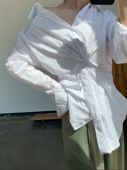 White Loose Cross-Over Cropped V-Neck Shirt