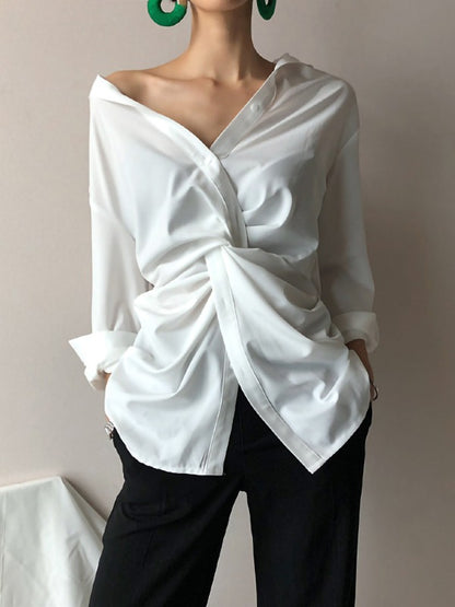 White Loose Cross-Over Cropped V-Neck Shirt
