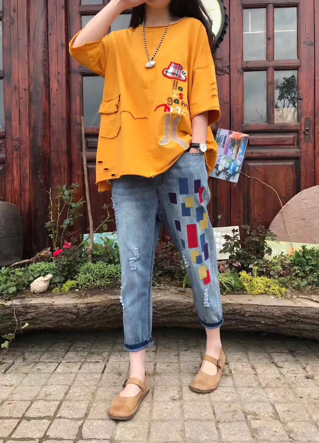 Vintage Embroidery Drawstring Jean Pants