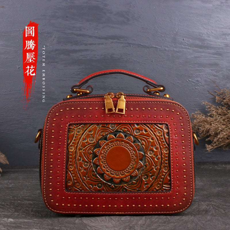WOMEN GENUINE LEATHER VINTAGE TOTEM DESIGNER HANDBAG SHOULDER BAG