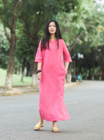 RETRO SOLID RAMIE COTTON SPLIT-SIDE MAXI DRESS
