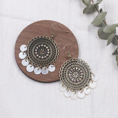 Fashion Round Cutout Diamond Ear Jewelry Shell Tassel Earrings