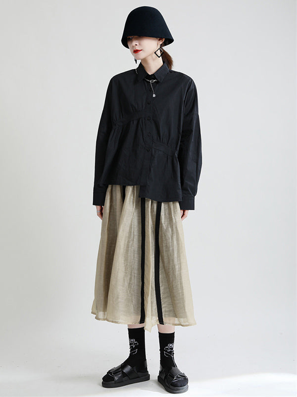 Original Irregular Solid Color Split-Joint Pleated Buttoned Lapel Collar Long Sleeves Blouse