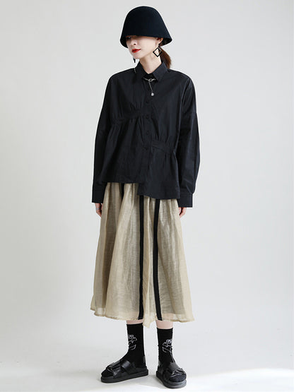 Original Irregular Solid Color Split-Joint Pleated Buttoned Lapel Collar Long Sleeves Blouse