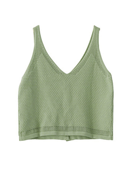 Simple Solid Color Buttoned V-Neck Hollow Vest Tops