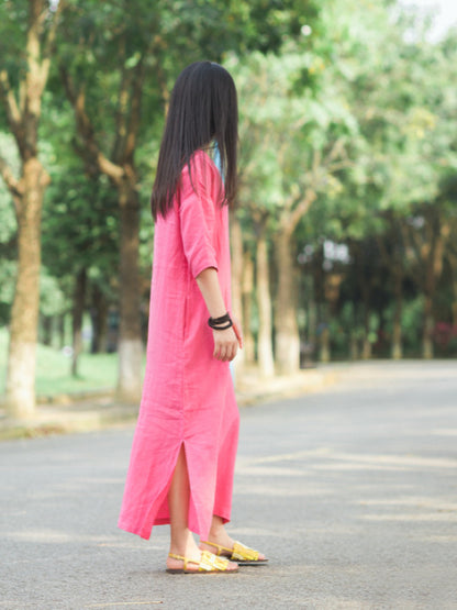 RETRO SOLID RAMIE COTTON SPLIT-SIDE MAXI DRESS