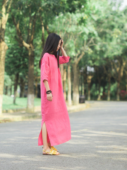 RETRO SOLID RAMIE COTTON SPLIT-SIDE MAXI DRESS