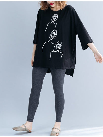 EMBROIDERED BLACK&WHITE LOOSE ROUND-NECK T-SHIRT