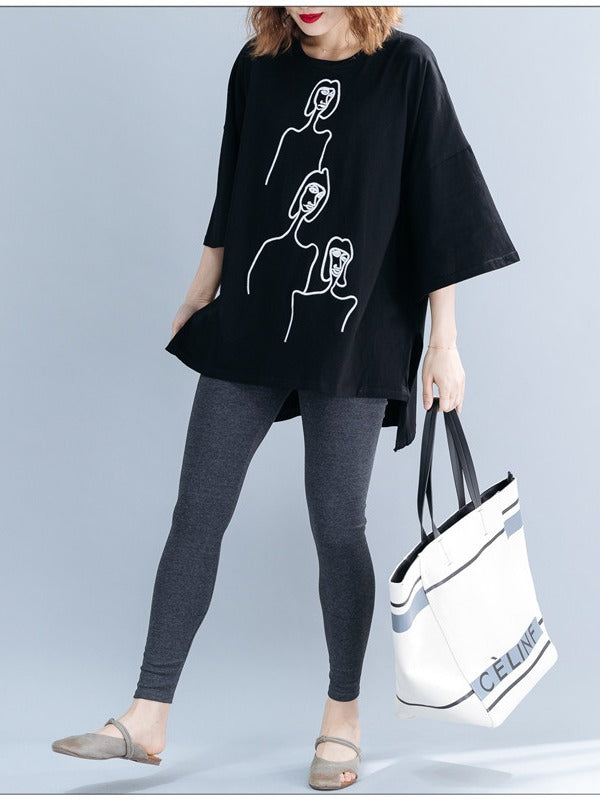 EMBROIDERED BLACK&WHITE LOOSE ROUND-NECK T-SHIRT