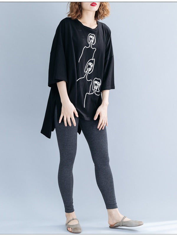 EMBROIDERED BLACK&WHITE LOOSE ROUND-NECK T-SHIRT