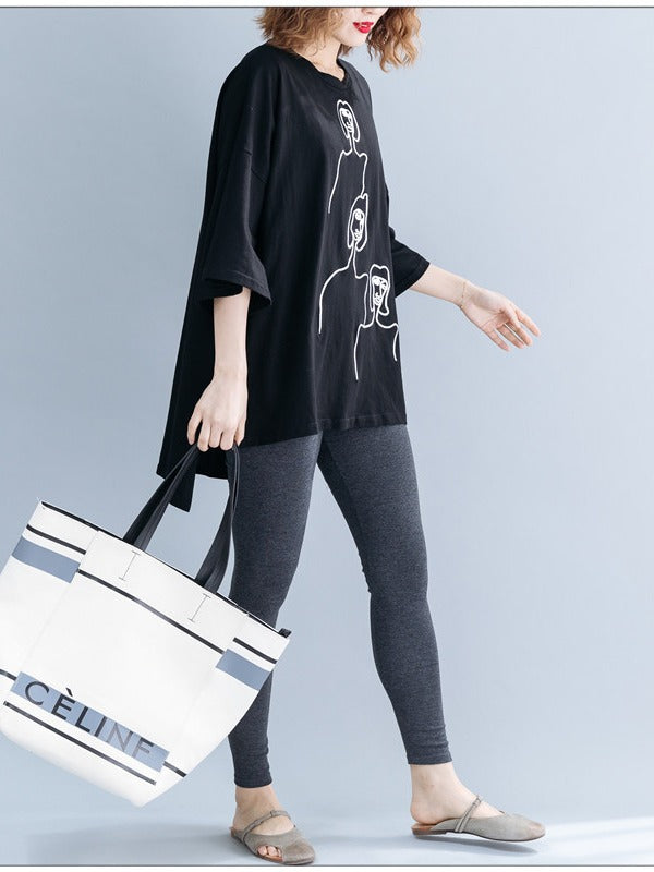 EMBROIDERED BLACK&WHITE LOOSE ROUND-NECK T-SHIRT