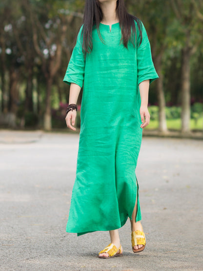 RETRO SOLID RAMIE COTTON SPLIT-SIDE MAXI DRESS