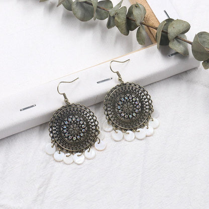 Fashion Round Cutout Diamond Ear Jewelry Shell Tassel Earrings