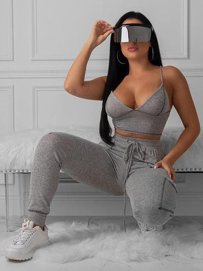 Solid Spaghetti-neck Tank&Pants Sports Suits
