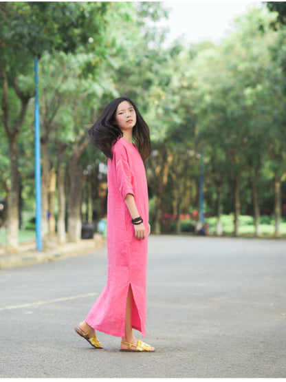 RETRO SOLID RAMIE COTTON SPLIT-SIDE MAXI DRESS