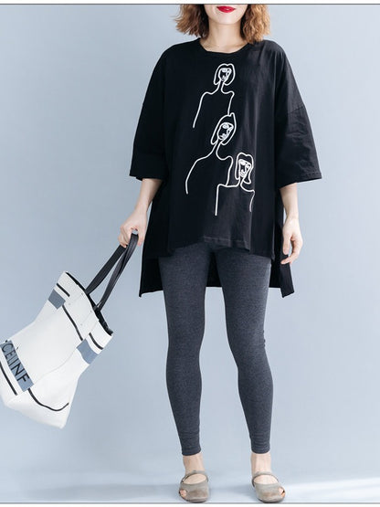 EMBROIDERED BLACK&WHITE LOOSE ROUND-NECK T-SHIRT