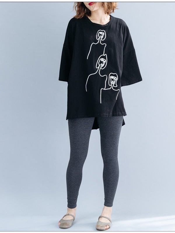 EMBROIDERED BLACK&WHITE LOOSE ROUND-NECK T-SHIRT