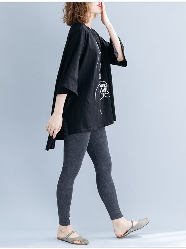 EMBROIDERED BLACK&WHITE LOOSE ROUND-NECK T-SHIRT