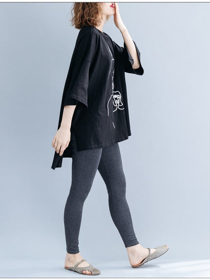 EMBROIDERED BLACK&WHITE LOOSE ROUND-NECK T-SHIRT