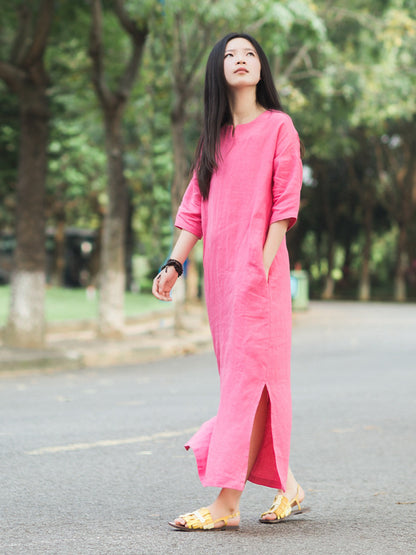 RETRO SOLID RAMIE COTTON SPLIT-SIDE MAXI DRESS