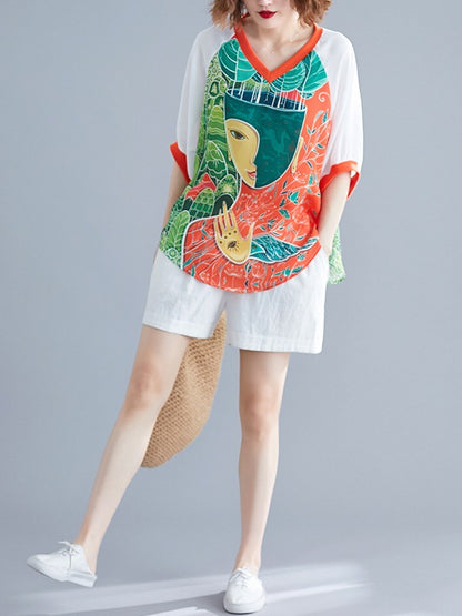 LOOSE CARTOON PRINTED V-NECK T-SHIRTS