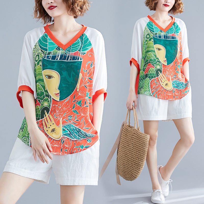 LOOSE CARTOON PRINTED V-NECK T-SHIRTS